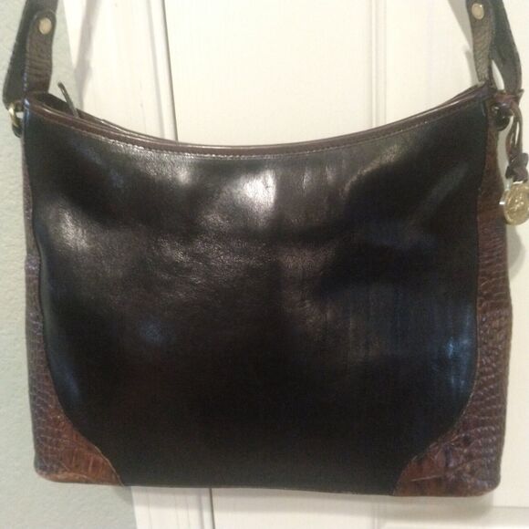 Vintage Brahmin Purse Pecan Croc Black Leather Combo Shoulder Handbag - Picture 3 of 16